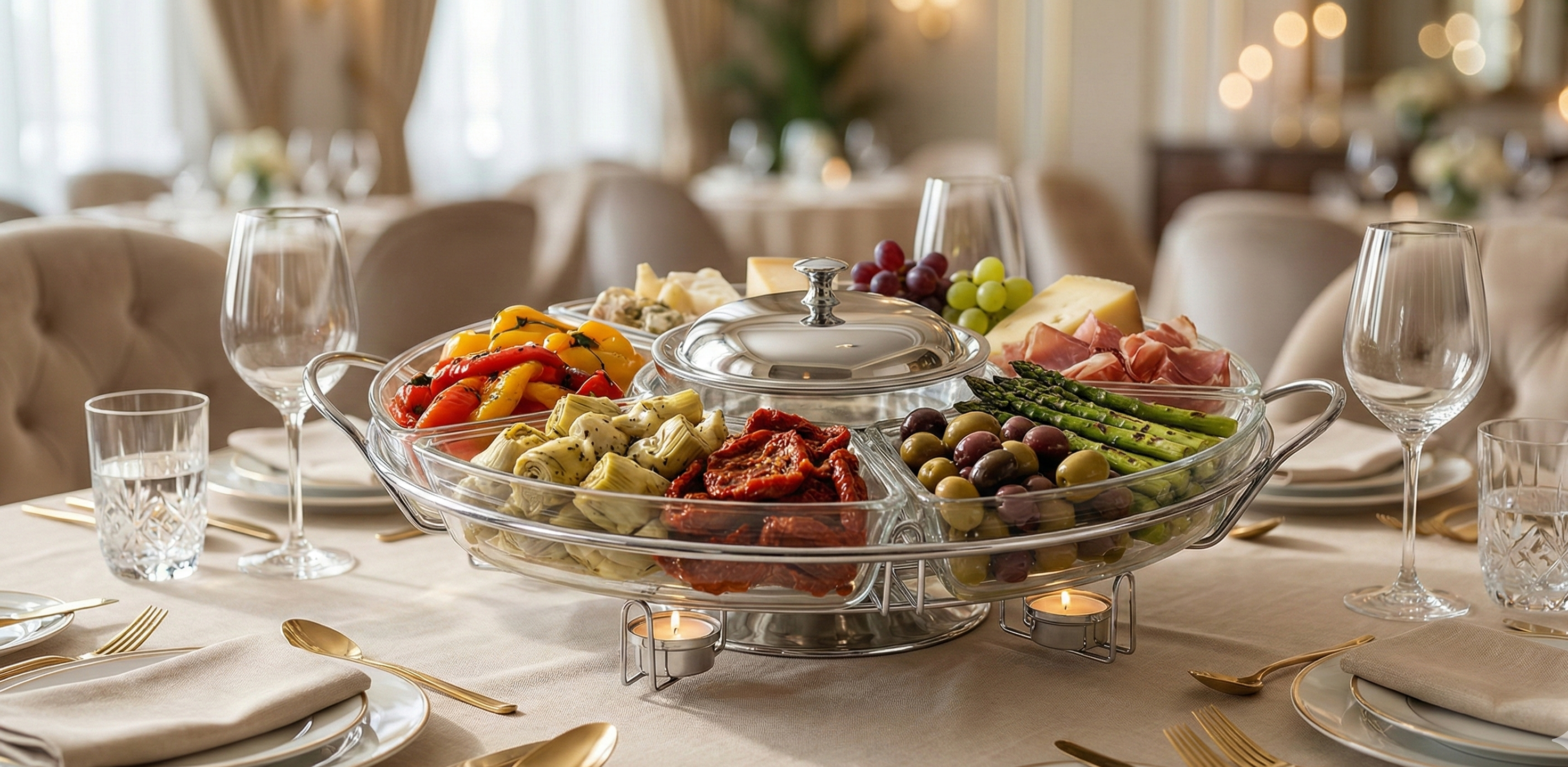 Rechaud giratório de inox sobre mesa sofisticada